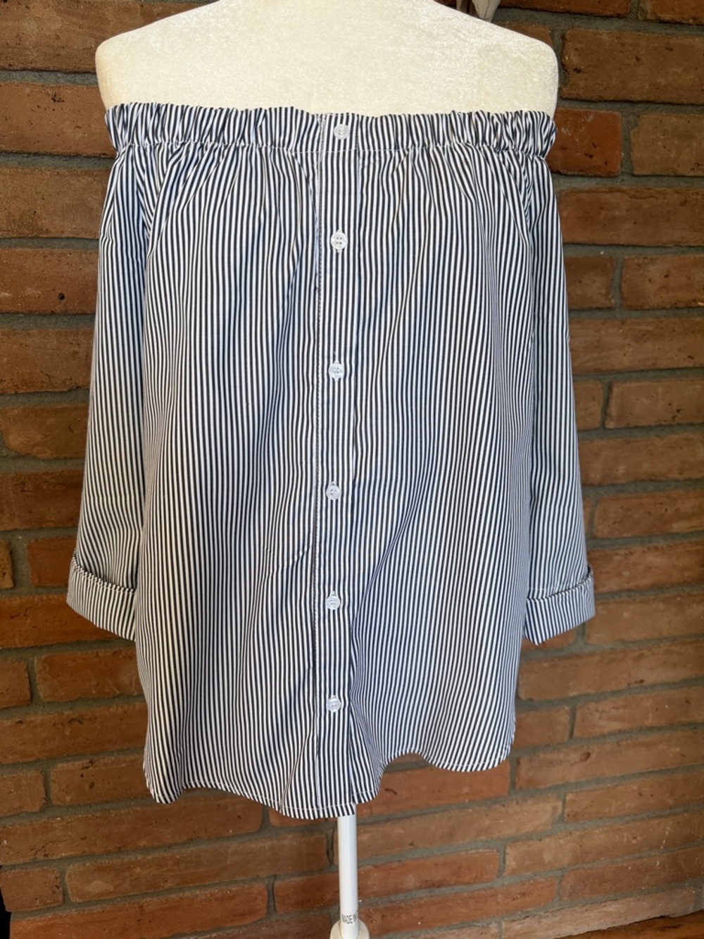 Off-Shoulder Button-Front Striped Blouse in Navy & White